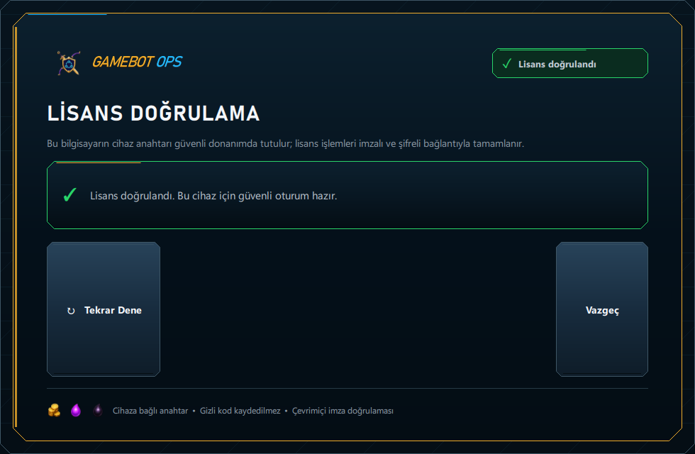 Aktivasyon kodu içermeyen doğrulanmış lisans ekranı